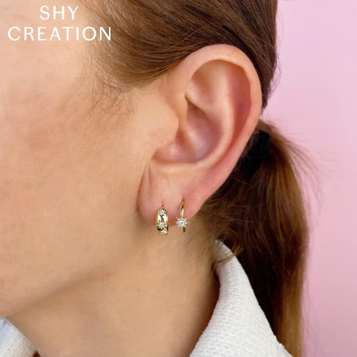 Shy Creation Yellow 14 Karat Gold Diamond Starburst Hoop Earrings * - view 4