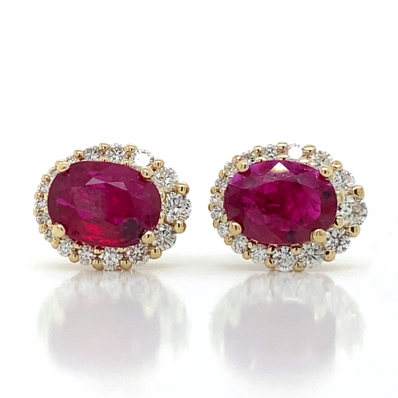 Diamond Designs Yellow 14K Gold Oval Ruby and Diamond Halo Earrings*