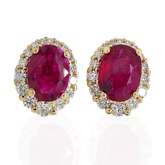 Diamond Designs Yellow 14K Gold Oval Ruby and Diamond Halo Earrings*