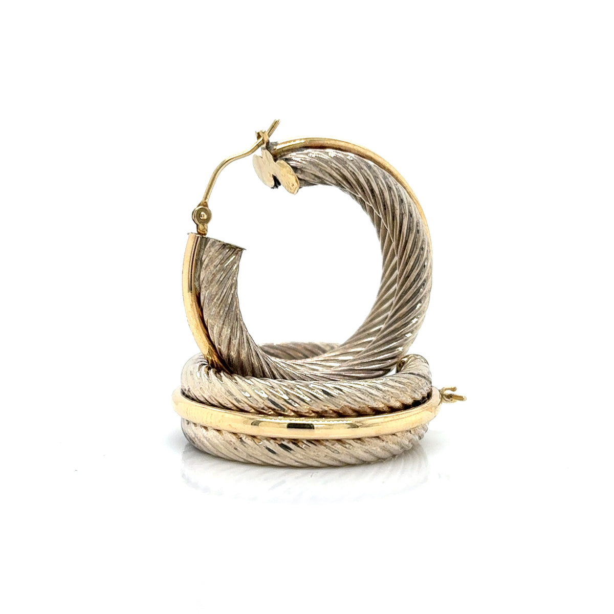 14 Karat Yellow Gold And Sterling Silver Two-Tone Twist Hoop Earrings