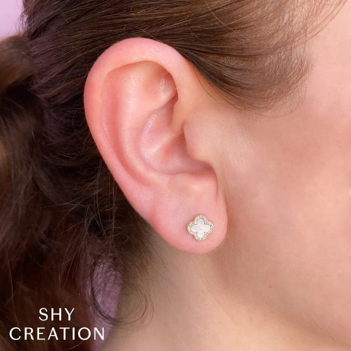 Shy Creation Yellow 14 Karat Gold Diamond and Mother of Pearl Clover Earrings * - view 2