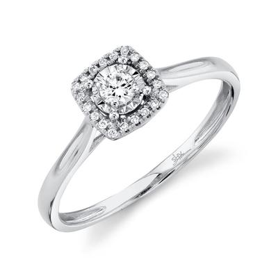 Shy Creation White 14 Karat Gold Diamond Cushion Shaped Halo Engagement Promise Ring *