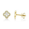 Shy Creation Yellow 14 Karat Gold Diamond and Mother of Pearl Clover Earrings *