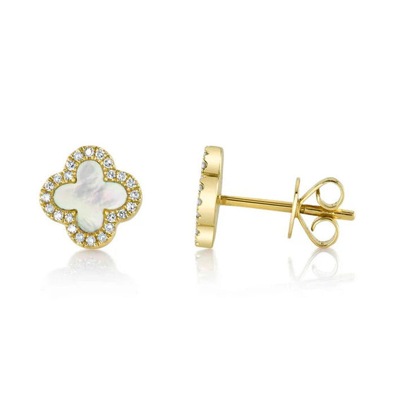 Shy Creation Yellow 14 Karat Gold Diamond and Mother of Pearl Clover Earrings *