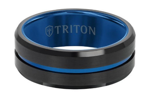 Triton Black Tungsten Carbide Blue Inlay Wedding Band Size 10 * - view 2