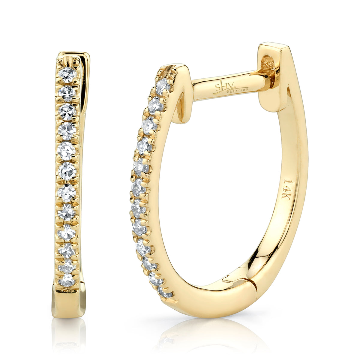 Shy Creation Yellow 14 Karat Gold Diamond Small Hoop Earrings *