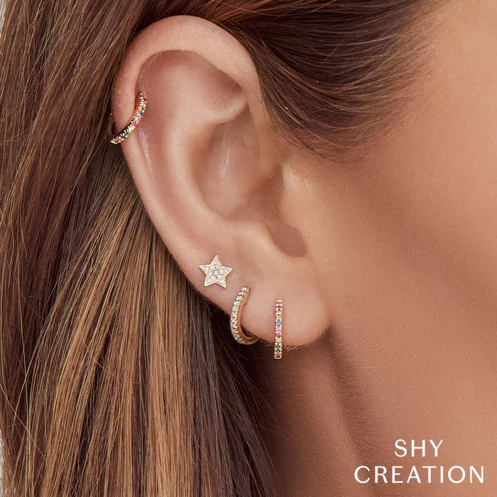 Shy Creation Yellow 14 Karat Gold Diamond Small Hoop Earrings * - view 2