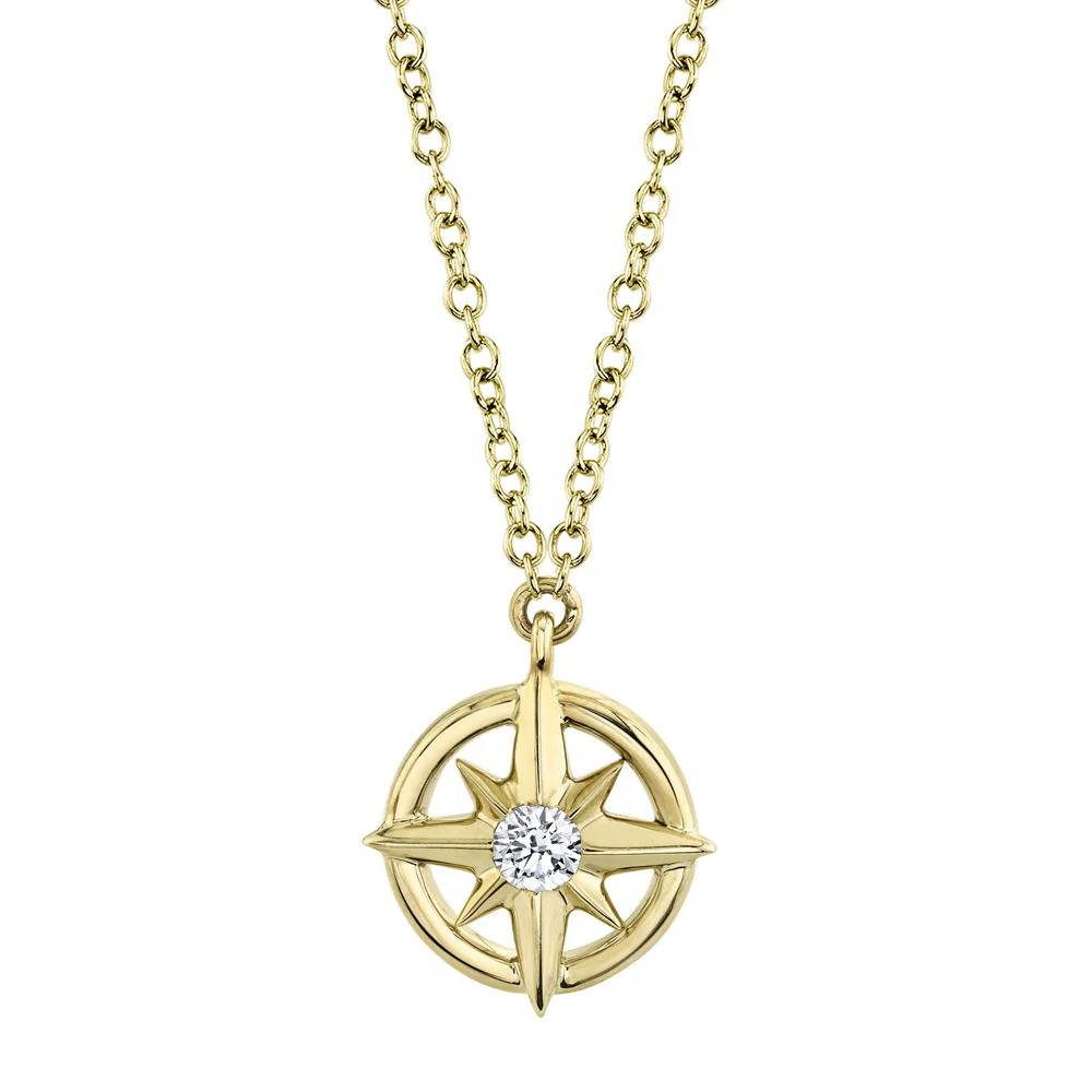 Shy Creation Yellow 14 Karat Gold Diamond Compass Necklace *