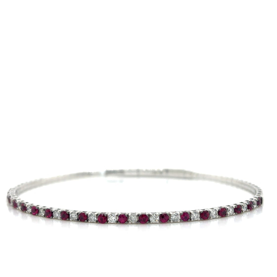 White 14 Karat Gold Diamond and Ruby Flexible Bangle Bracelet