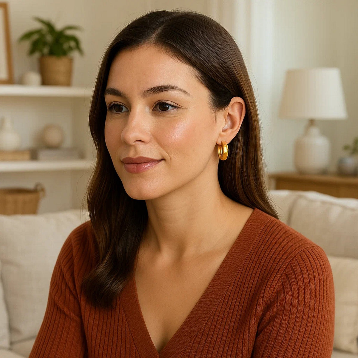 14K Yellow Gold Wide Medium Hoop Earrings with Snap Lock, view 4
