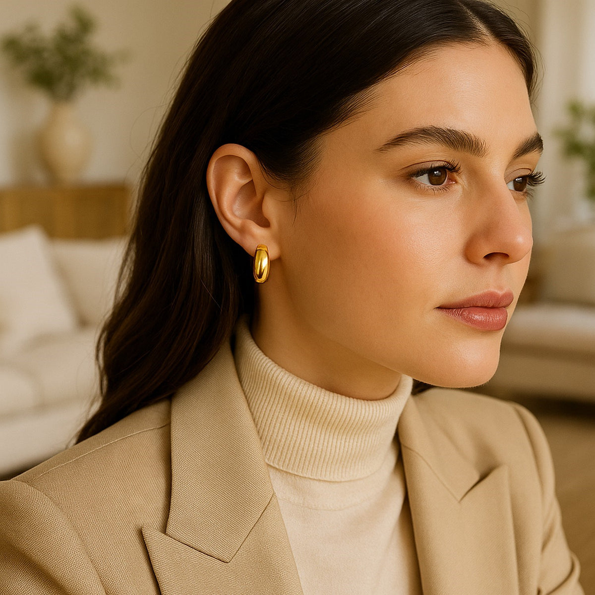 14K Yellow Gold Wide Medium Hoop Earrings with Snap Lock, view 6