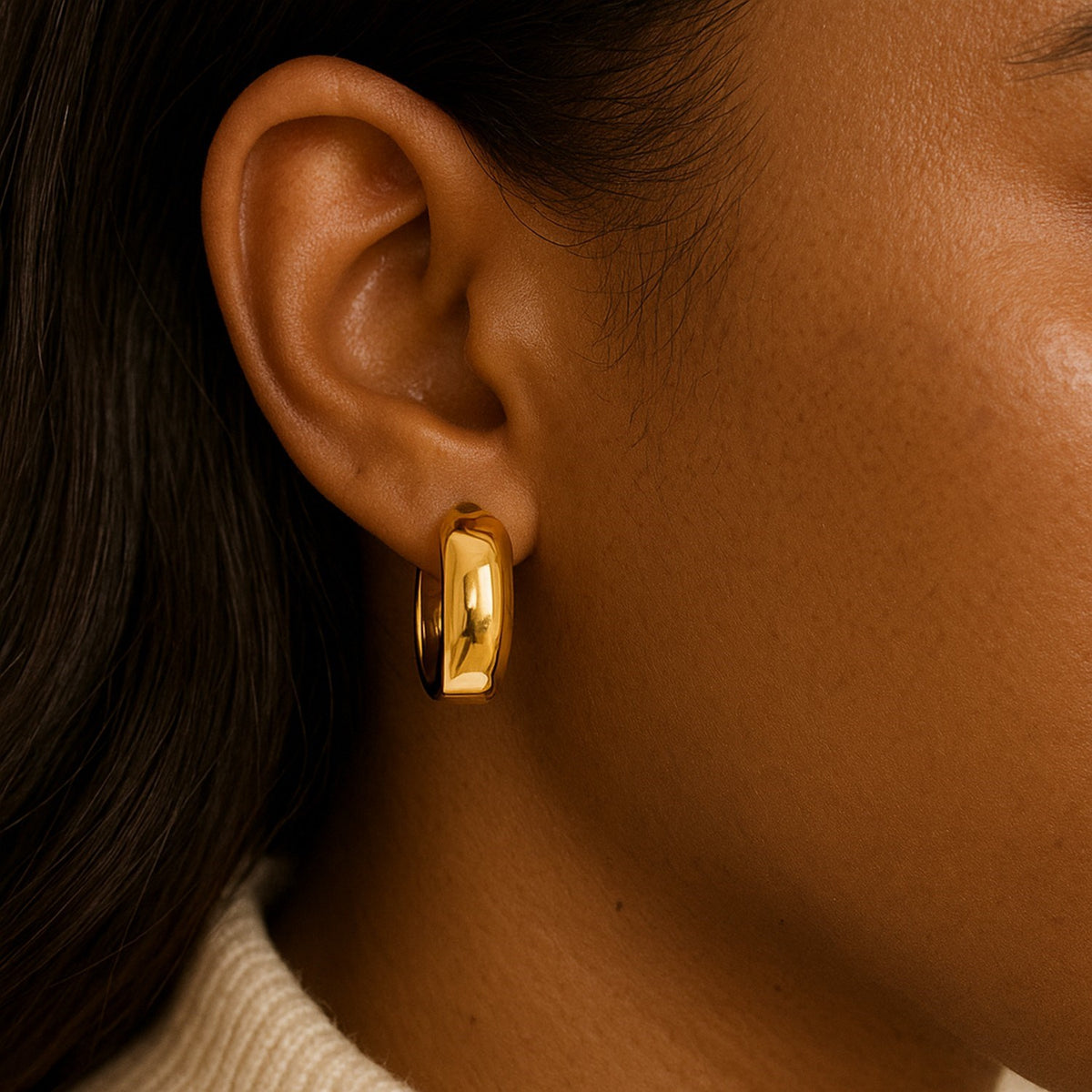 14K Yellow Gold Wide Medium Hoop Earrings with Snap Lock, view 7