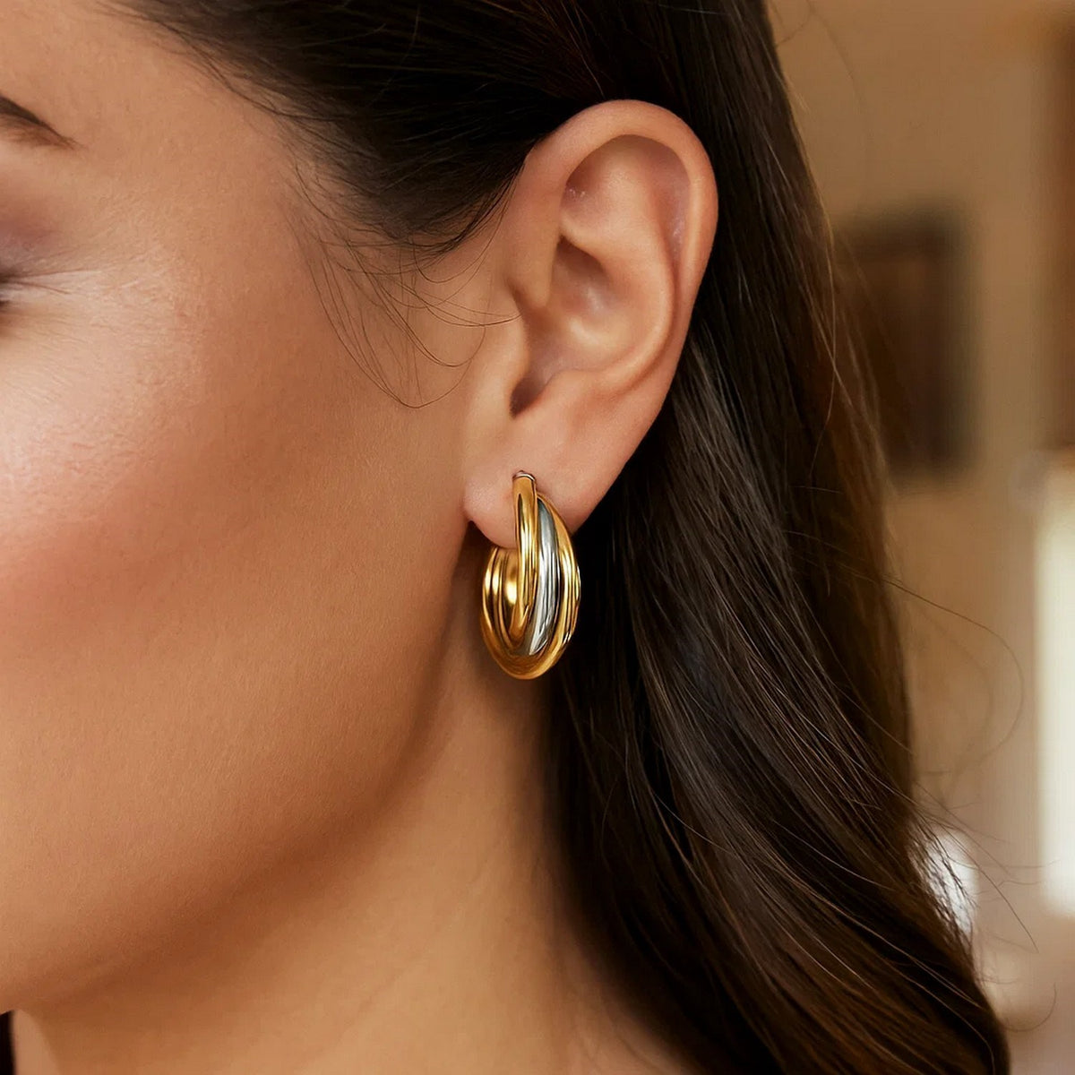 14K Two Tone Gold Triple Row Hoop Earrings, view 2
