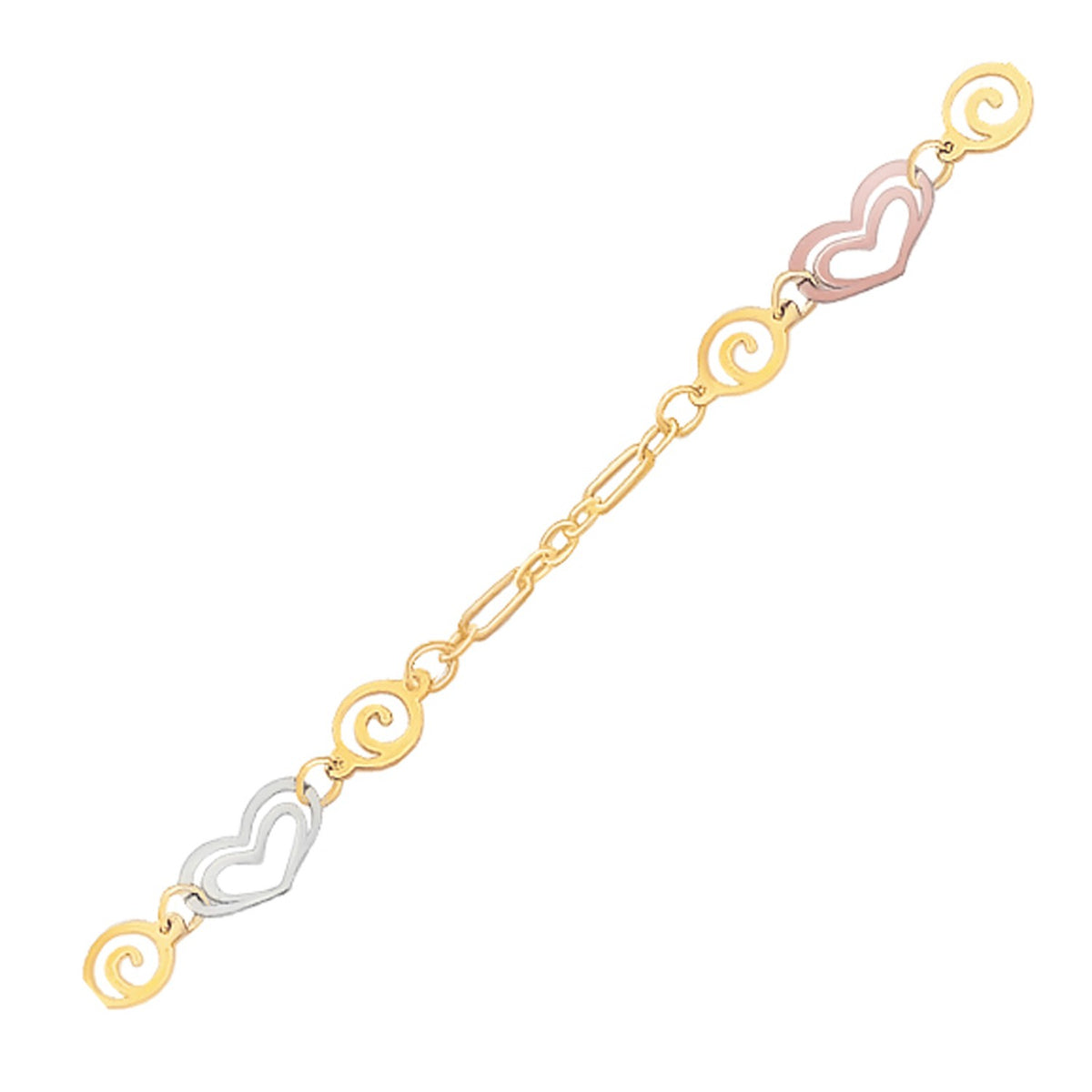 14K Tri-Color Gold Anklet with Multi Color Heart Stations, view 2
