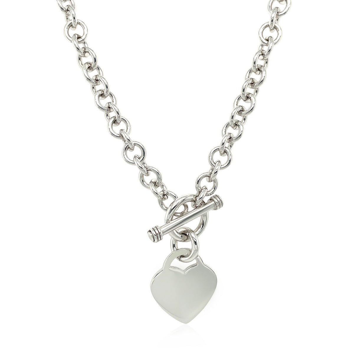 Sterling Silver Rhodium Plated Rolo Chain Necklace with a Heart Toggle Charm, view 2