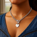 Sterling Silver Rhodium Plated Rolo Chain Necklace with a Heart Toggle Charm, view 4