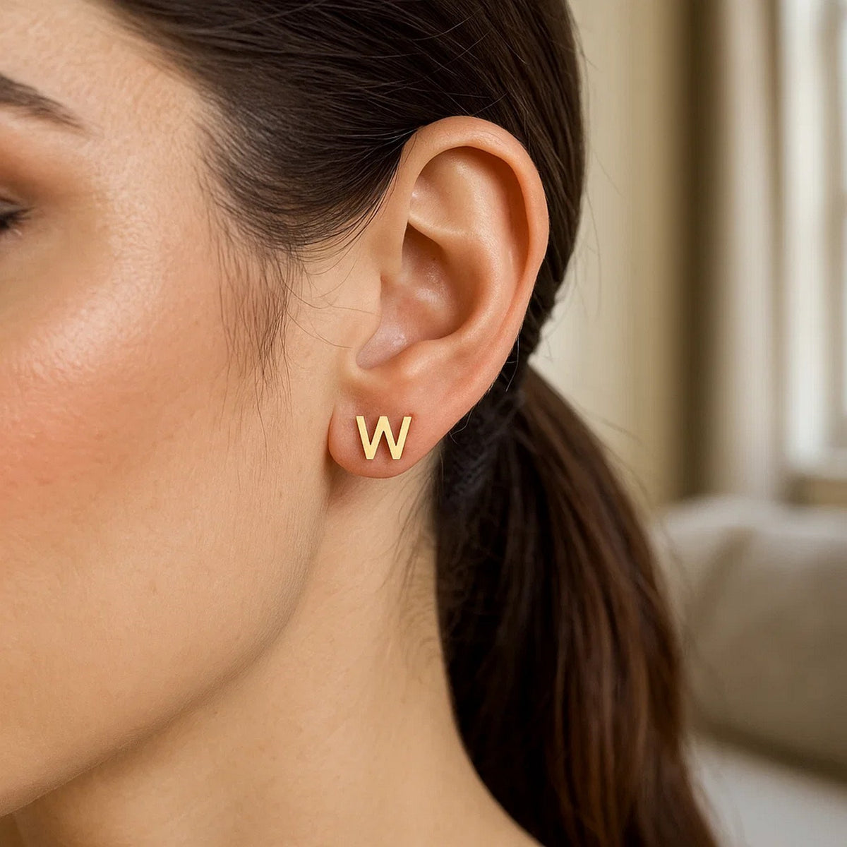 14K Yellow Gold Yours Truly Initial W Stud Earrings, view 2