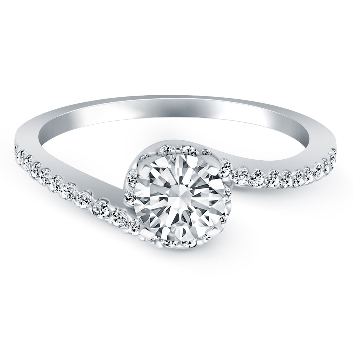14K White Gold Bypass Swirl Diamond Halo Engagement Ring, view 2