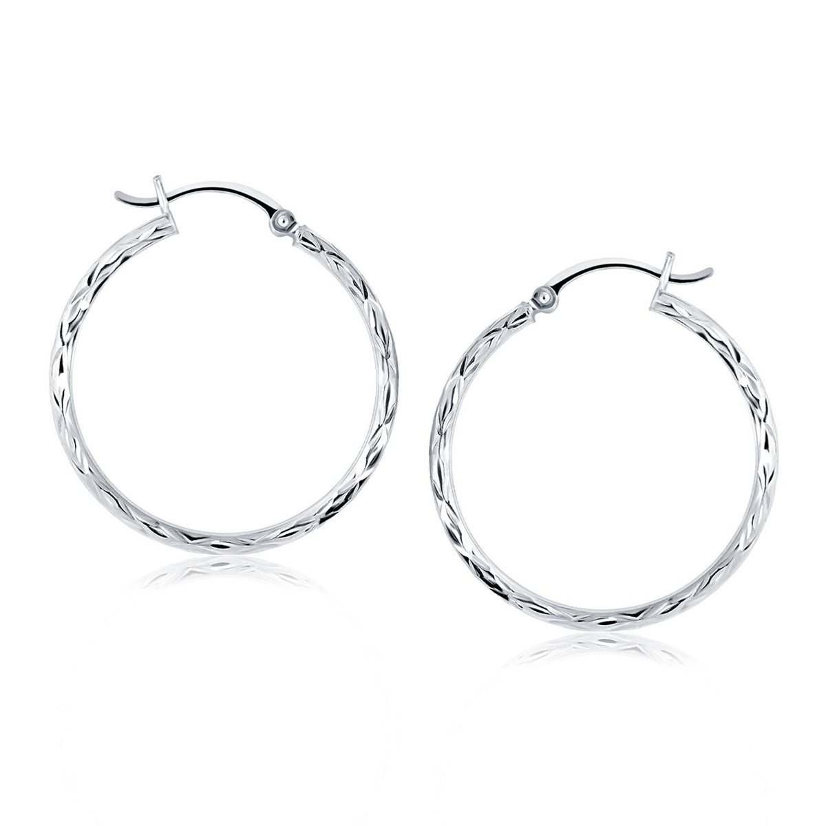 14K White Gold Diamond Cut Hoop Earrings (2x30.00 mm)