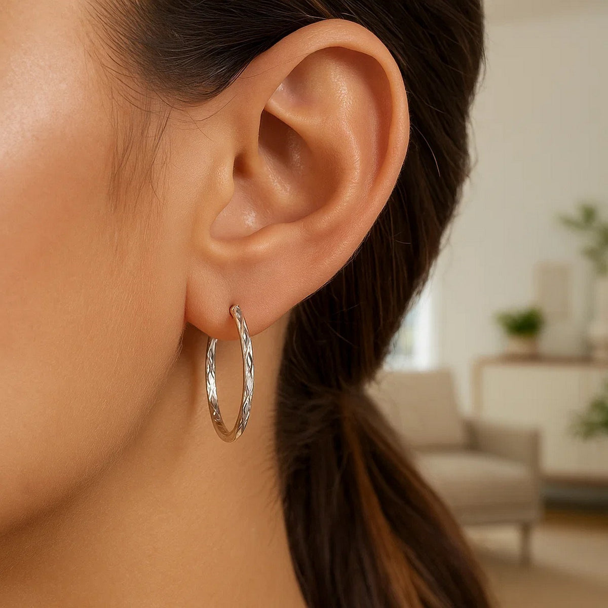 14K White Gold Diamond Cut Hoop Earrings (2x30.00 mm), view 2
