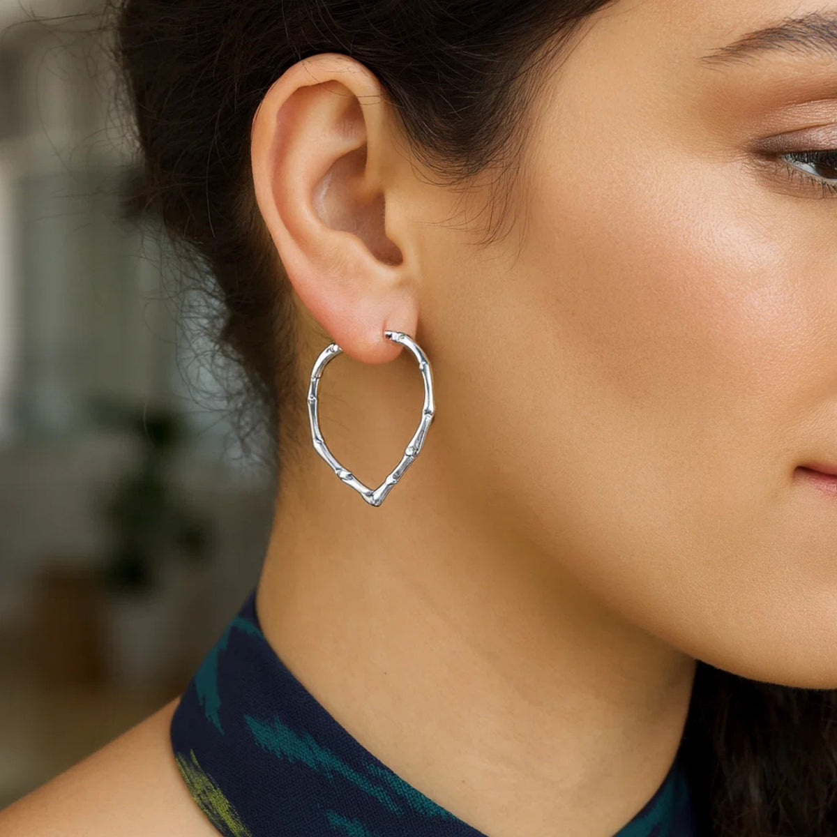 Sterling Silver Rhodium Plated Heart Bamboo Hoop Earrings, view 2