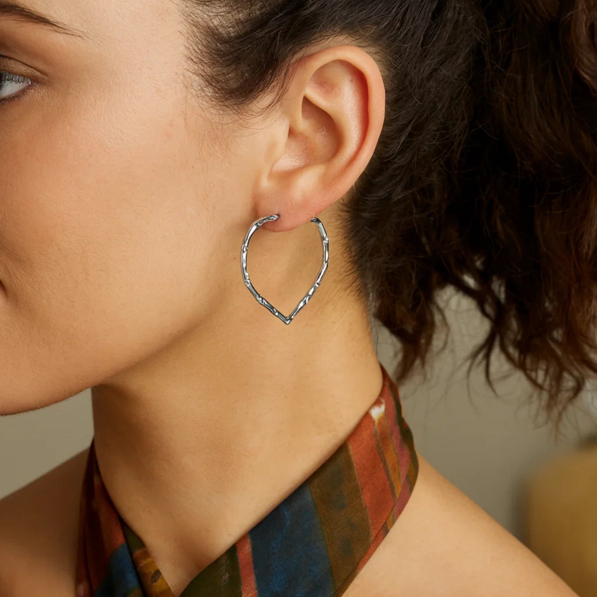 Sterling Silver Rhodium Plated Heart Bamboo Hoop Earrings, view 3