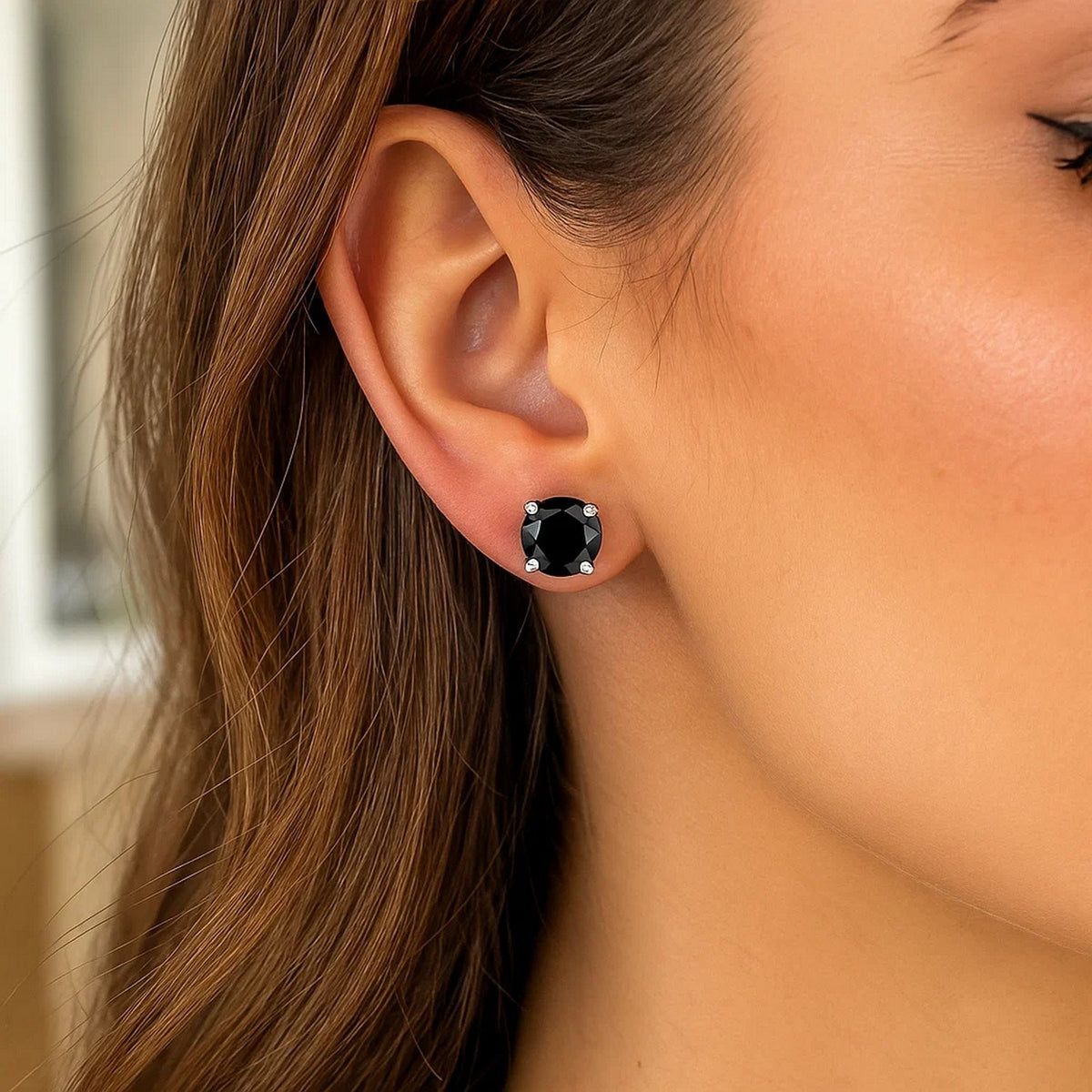 14K White Gold 8.0mm Round Black CZ Stud Earrings, view 4