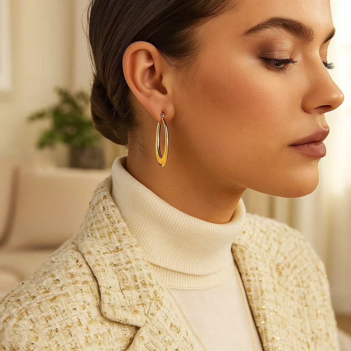 14K Yellow Gold Puffed Graduated Open Oval Earrings, view 2