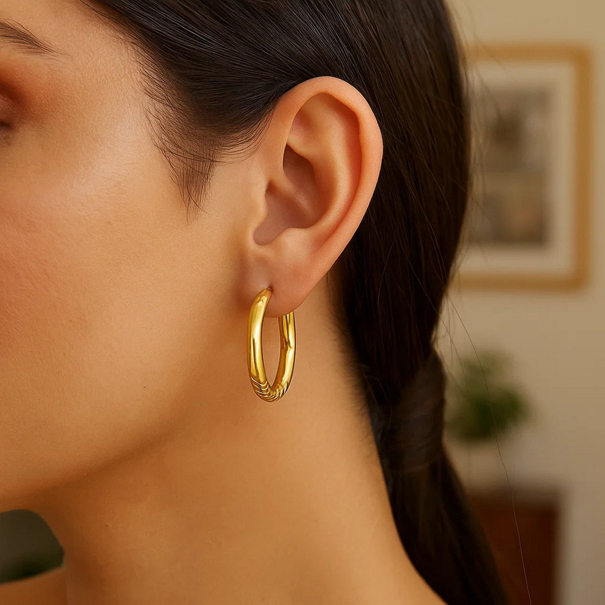 14K Yellow Gold Twisted Large Hoop Earrings, view 2