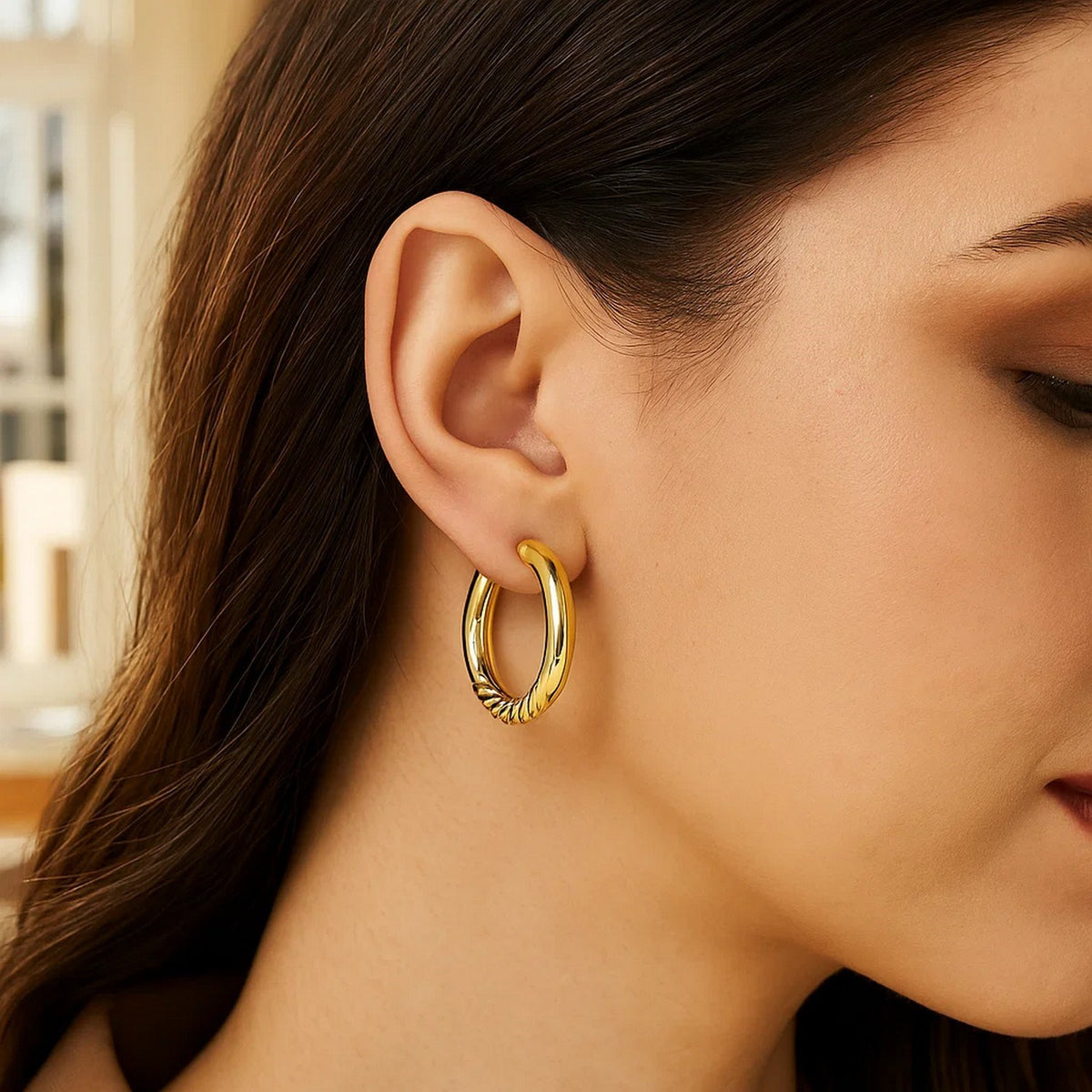 14K Yellow Gold Twisted Large Hoop Earrings, view 4