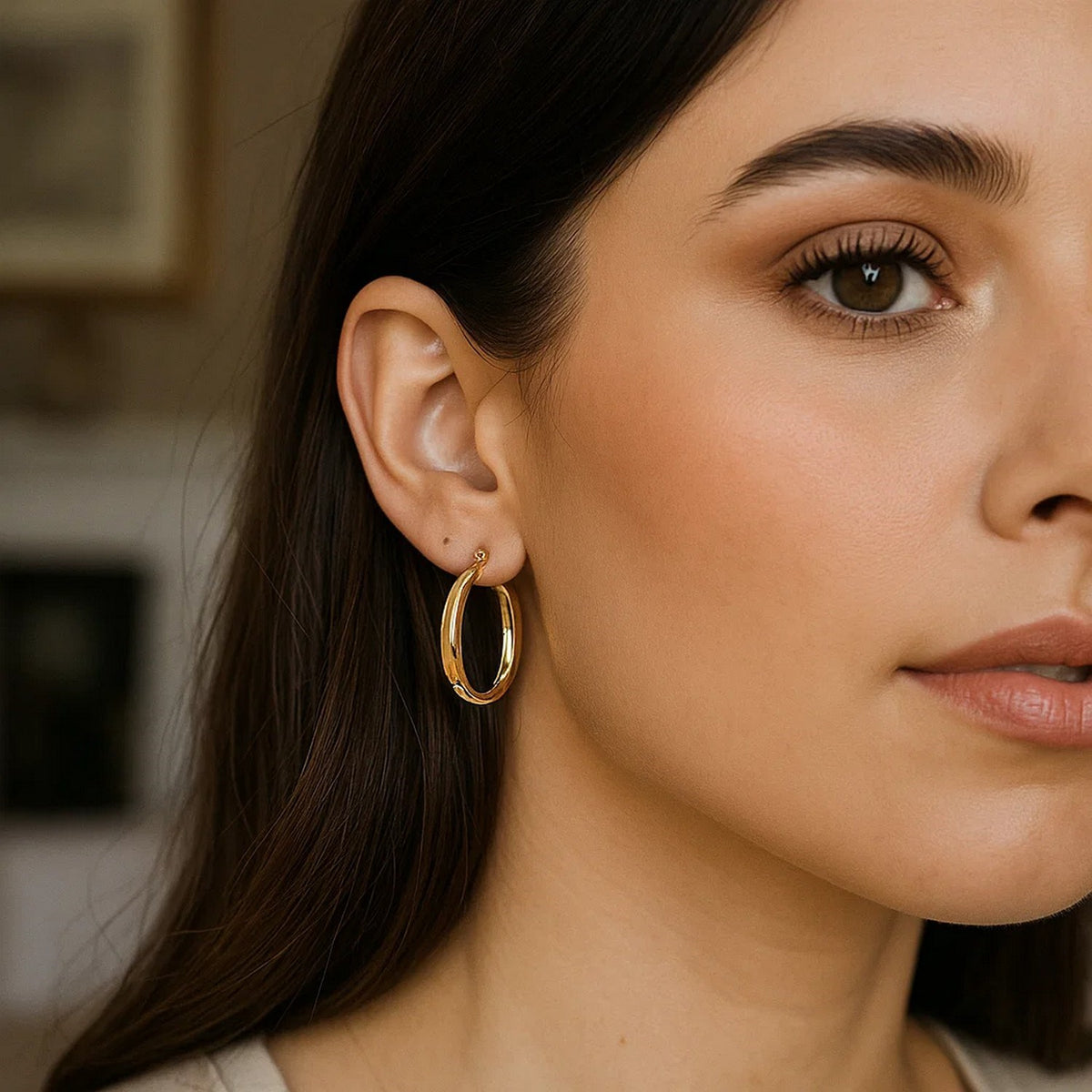 14K Yellow Gold Oval Back to Back Hoop Earrings, view 2