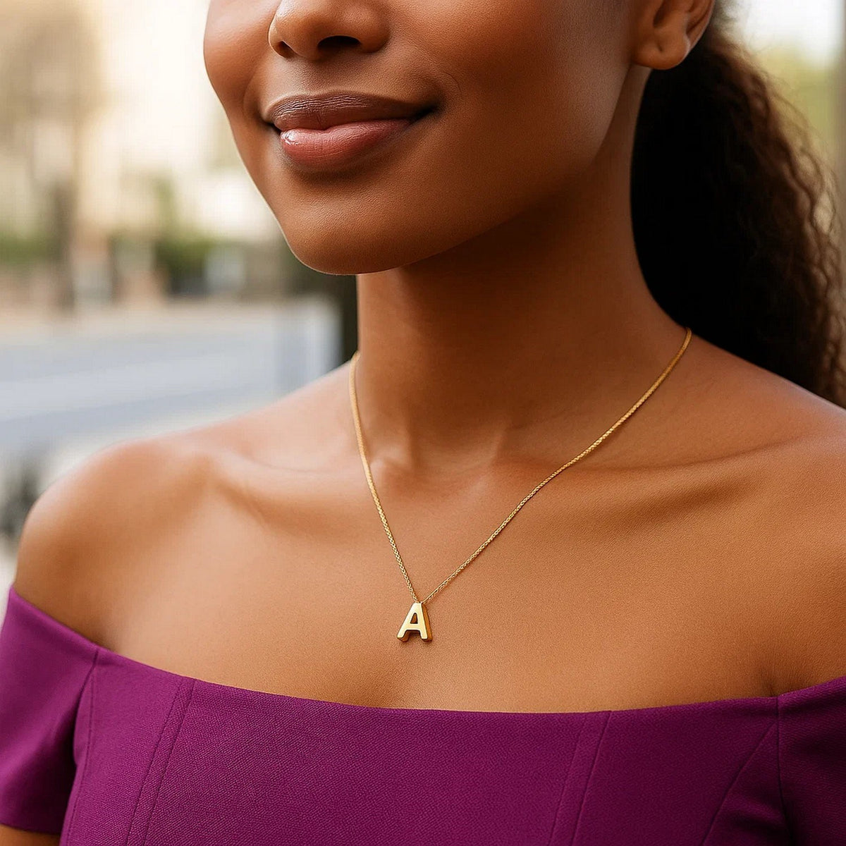 14K Yellow Gold Yours Truly Block Letter Initial A Necklace, view 3