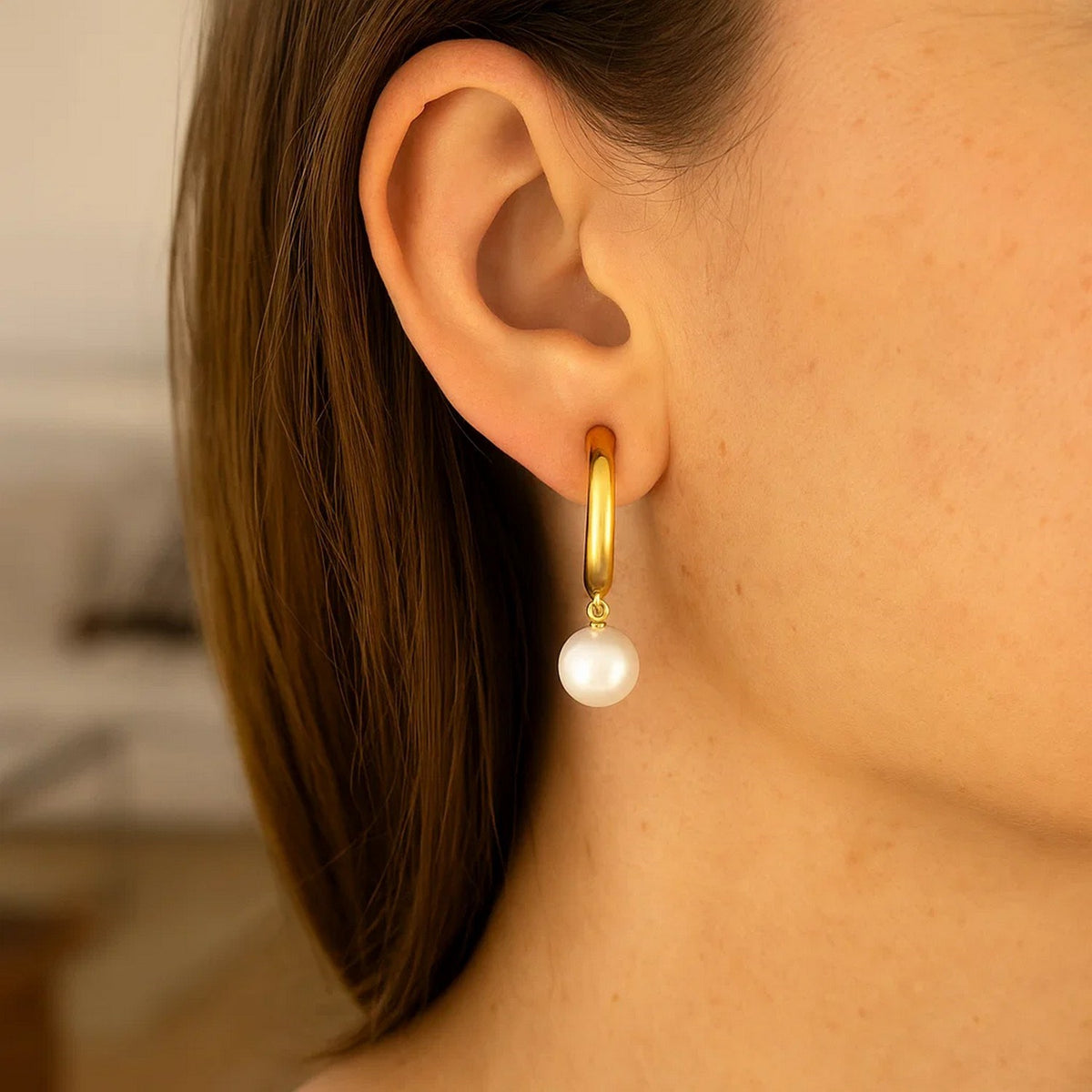 14K Yellow Gold Half Hoop Earrings with Pearls, view 2