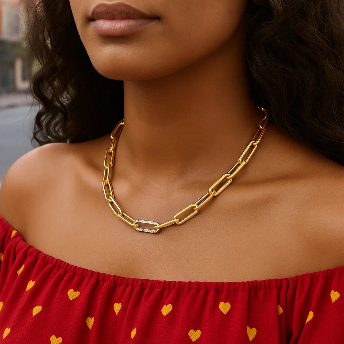 14K Yellow Gold Paperclip Chain Necklace with Diamond Link (6.00 mm), view 3