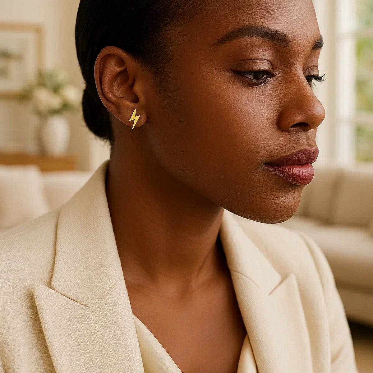 14K Yellow Gold Post Earrings with Lightning Bolts, view 2