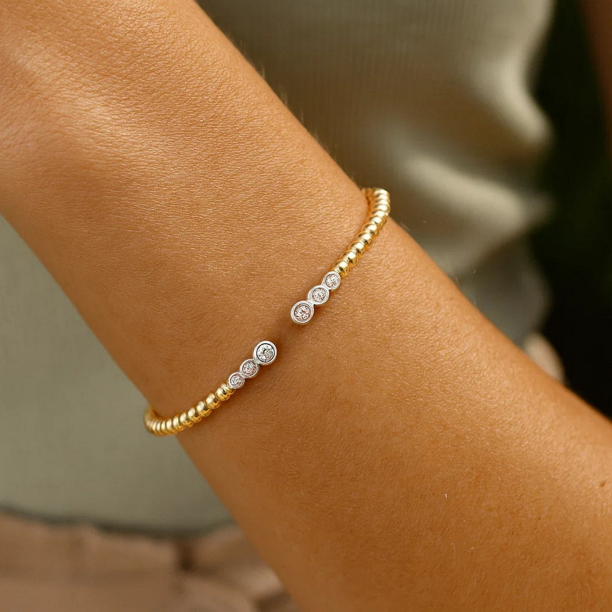 14K Two Tone Polish Diamond Pallina Open Beaded Cuff Bangle (3.00 mm), view 5