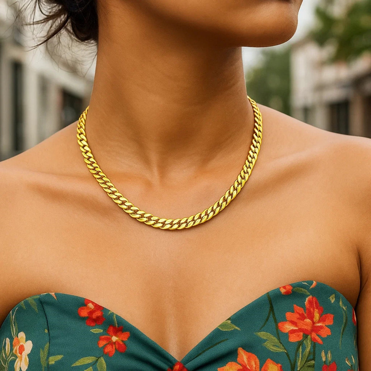 14K Yellow Gold Cuban Chain Choker Necklace, view 2