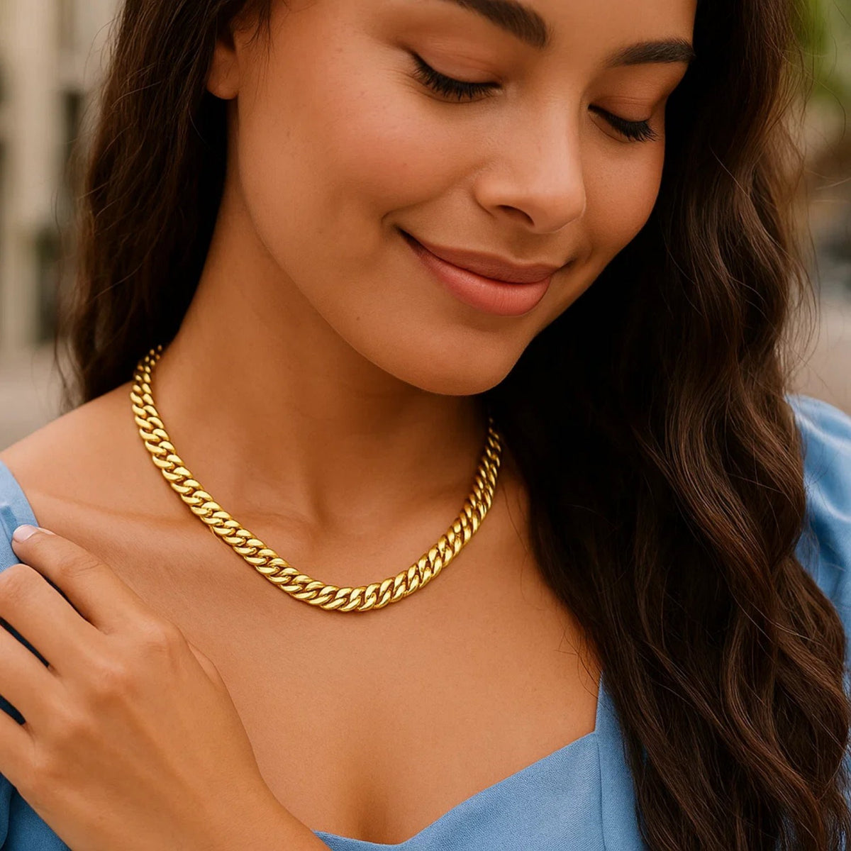 14K Yellow Gold Cuban Chain Choker Necklace, view 4