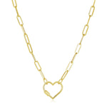14K Yellow Gold Paperclip Chain Necklace with Heart Carabiner Clasp