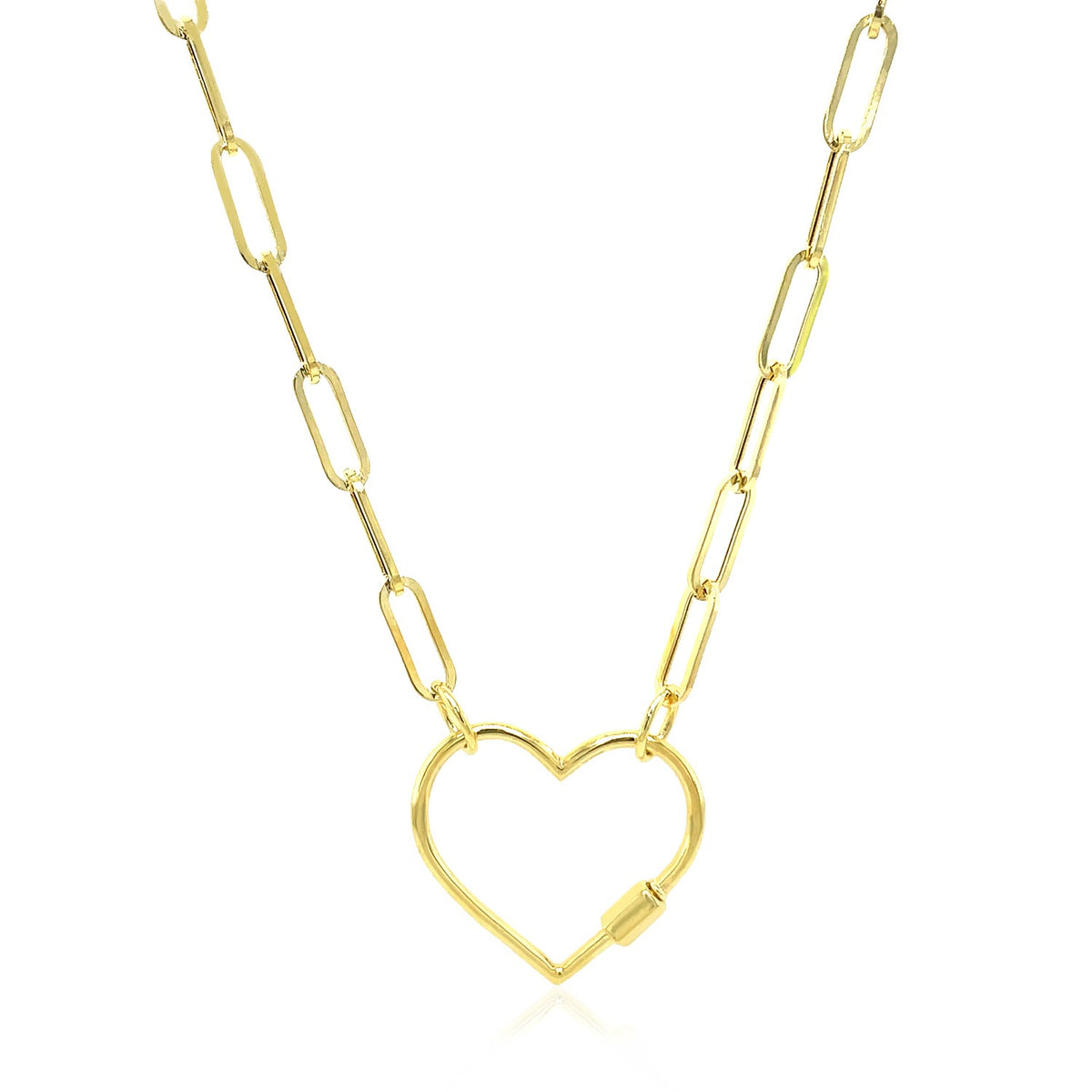 14K Yellow Gold Paperclip Chain Necklace with Heart Carabiner Clasp, view 2