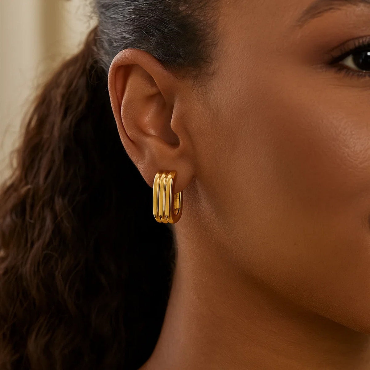 14K Yellow Gold Fancy Oval Triple Row Hoop Earrings, view 3