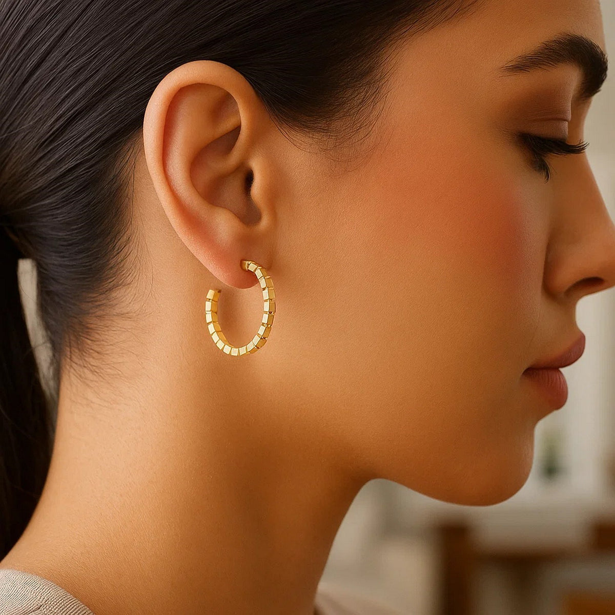 14K Yellow Gold Brick Omega Hoop Earrings, view 5