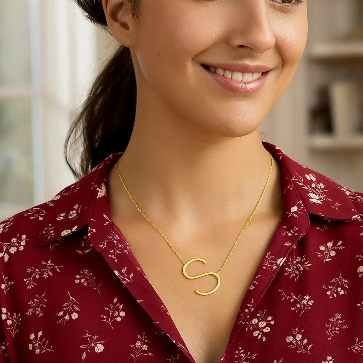 14K Yellow Gold Yours Truly Large Initial S Necklace, view 3