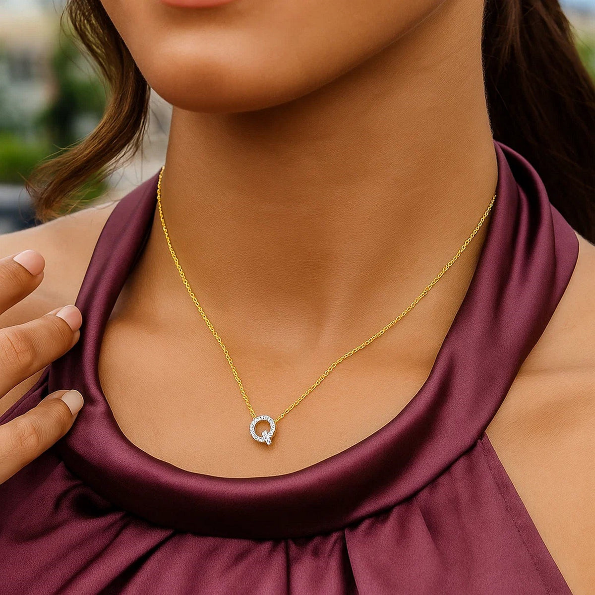 14K Yellow Gold Mini Diamond Q Initial Pendant Necklace, view 6