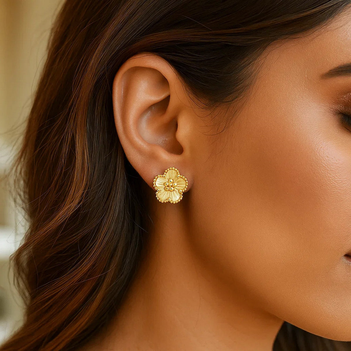 14K Yellow Gold Textured Daisy Earrings, view 3