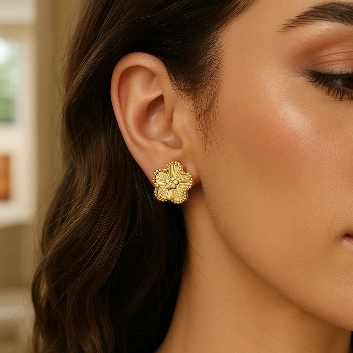14K Yellow Gold Textured Daisy Earrings, view 4