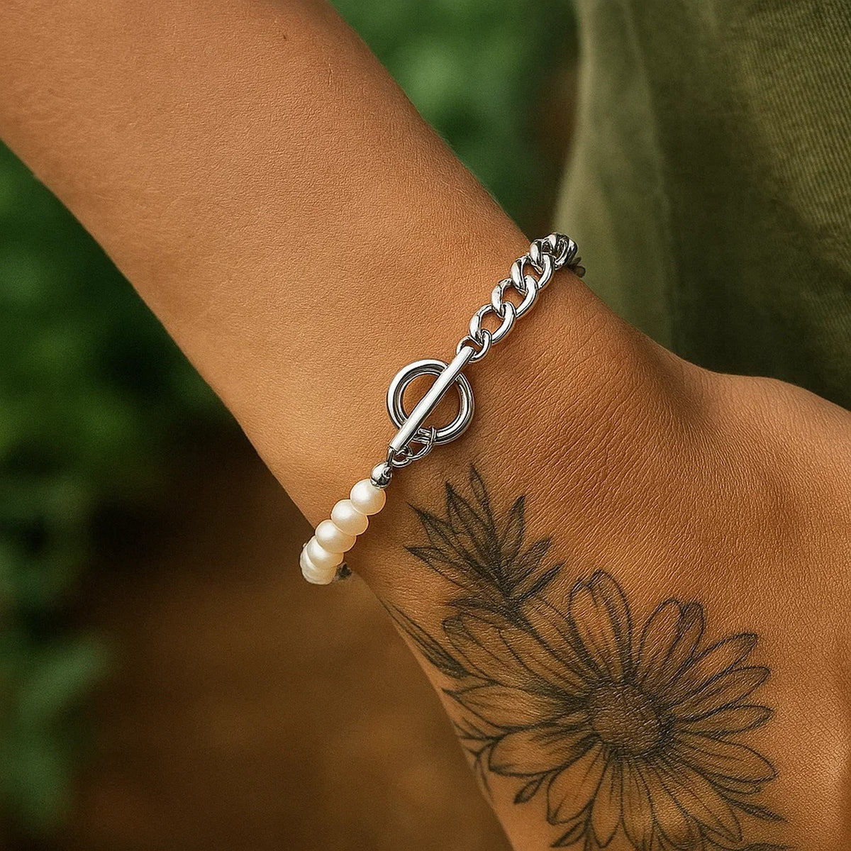 Sterling Silver Rhodium Plated Pearl Pearl Curb Toggle Bracelet (4.50 mm), view 4