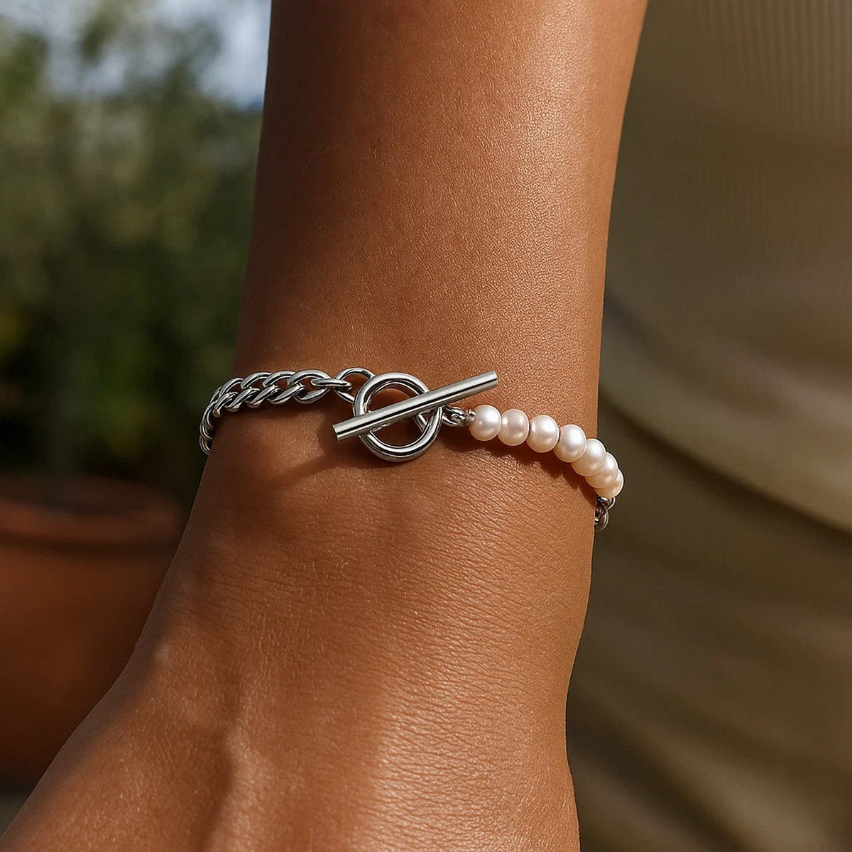 Sterling Silver Rhodium Plated Pearl Pearl Curb Toggle Bracelet (4.50 mm), view 6