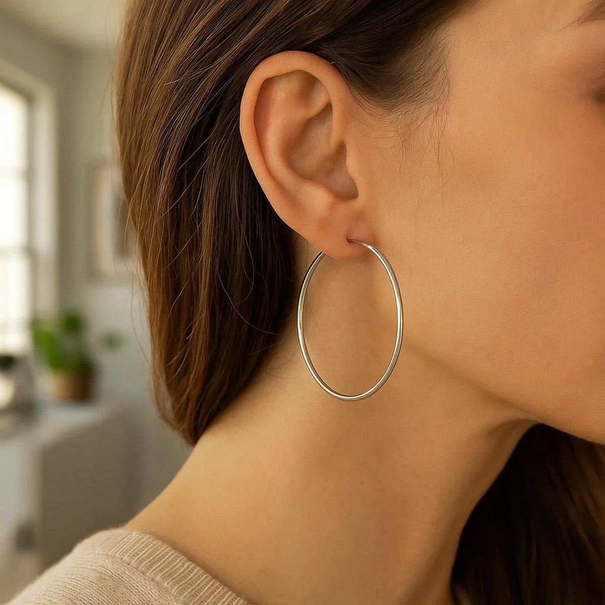 Rhodium Plated Hoop Earrings in Sterling Silver (2x50.00 mm), view 4