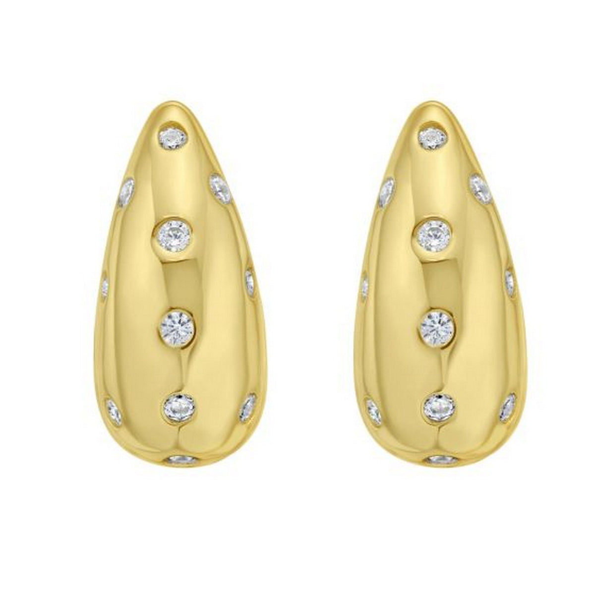 Sterling Silver Yellow Gold Plated Puffed Raindrop CZ Earrings, view 2
